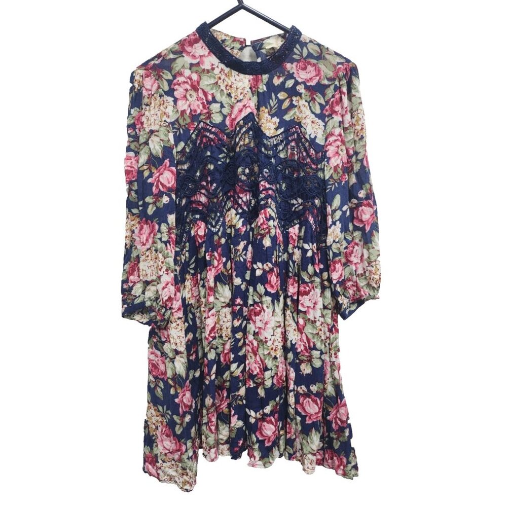 Entro Womens BOHO Festival Dress Large Blue Floral Crochet Long Sleeve Casual